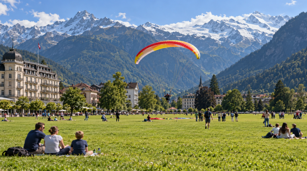 Candid daytime photograph at Hohematte Park in central Interlaken, expansive green lawn with authentic Swiss hotels and buildings along the edge, dramatic Alpine mountains visible beyond