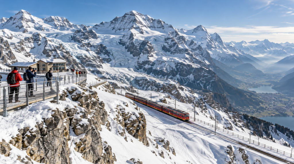 high-altitude Swiss Alpine landscape in the Jungfrau region near Interlaken, massive snow-covered mountains with realistic rock formations and glaciers, mountain railway visible in the middle distance,