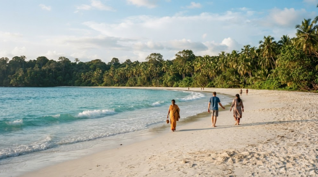 travel photograph of Radhanagar Beach on Swaraj Dweep, Andaman Islands, featuring a wide pristine white-sand beach, crystal-clear turquoise sea