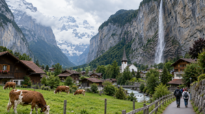 landscape photograph of Lauterbrunnen Valley, Switzerland, traditional Swiss village surrounded by towering natural cliffs and lush green meadows,