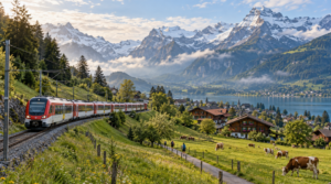 Authentic documentary landscape photograph of a Swiss passenger train travelling through the countryside near Interlaken, train curving naturally along railway tracks through lush green Alpine meadows, traditional wooden Swiss chalets scattered across the valley