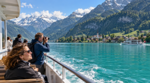Realistic lifestyle photograph taken from the outdoor deck of a passenger boat cruising across Lake Brienz near Interlaken, striking naturally turquoise Alpine water surrounding the boat,