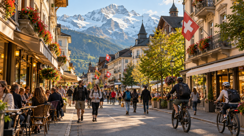 street-level travel photograph in central Interlaken, Switzerland, elegant traditional Swiss hotels, local cafés and small shops lining a clean pedestrian-friendly street