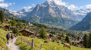 Spectacular but realistic summer photograph of Grindelwald village in the Swiss Alps near Interlaken, traditional wooden Swiss chalets spread naturally across lush green mountain slopes