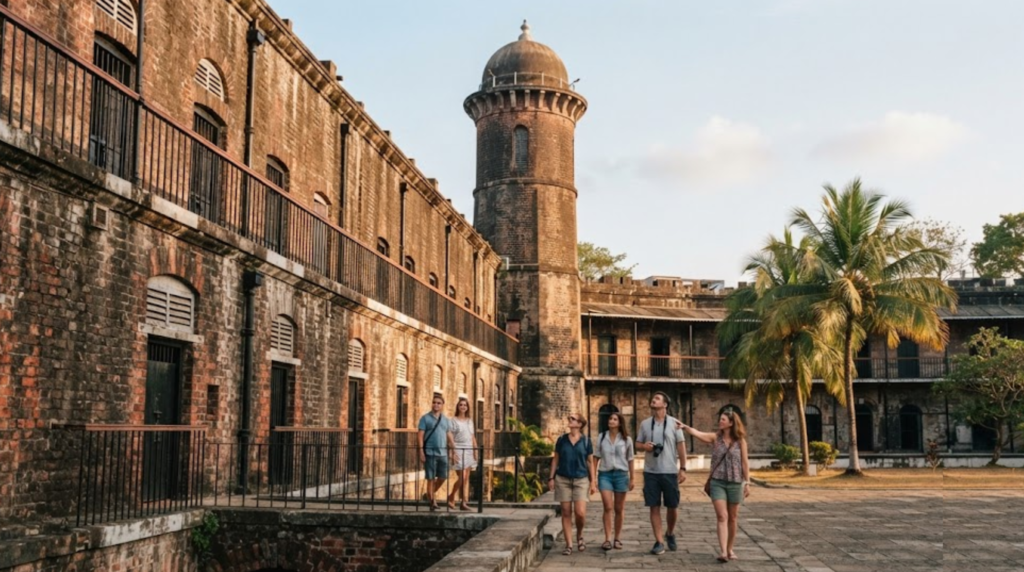 documentary travel photograph of the Cellular Jail in Port Blair, Andaman Islands, showing the historic colonial architecture from an authentic visitor perspective,