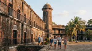 documentary travel photograph of the Cellular Jail in Port Blair, Andaman Islands, showing the historic colonial architecture from an authentic visitor perspective,