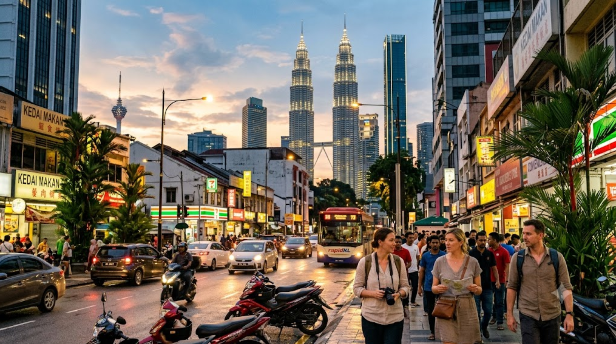 Malaysia during early evening, iconic Kuala Lumpur skyline featuring the Petronas Twin Towers prominently in the background,