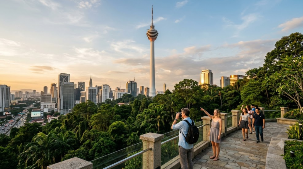 Hyper-realistic professional architectural travel photograph of KL Tower in Kuala Lumpur, Malaysia during late afternoon,