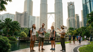 Hyper-realistic professional lifestyle travel photograph of real adult international travellers visiting the Petronas Twin Towers in Kuala Lumpur, Malaysia,