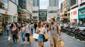 lifestyle travel photograph of real adult international travellers shopping in Bukit Bintang Kuala Lumpur, Malaysia, modern shopping district
