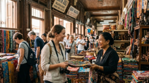professional documentary travel photograph inside a traditional Kuala Lumpur heritage market, Malaysia