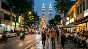 professional evening lifestyle travel photograph of Kuala Lumpur, Malaysia, real adult international travellers walking through a lively central city street after sunset,