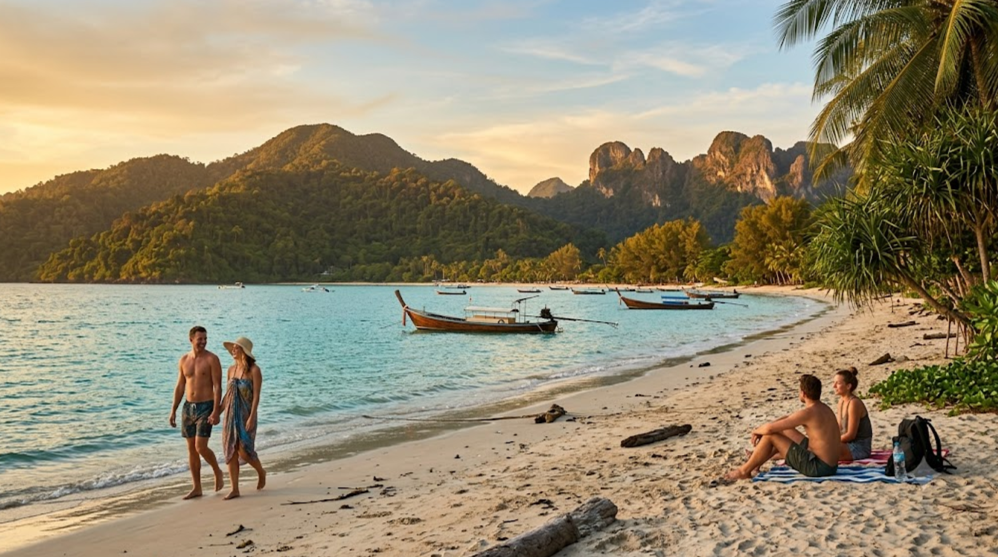 premium travel photograph of Langkawi, Malaysia during golden hour, breathtaking tropical island coastline with turquoise Andaman Sea