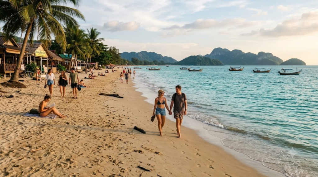 professional beach travel photograph of Pantai Cenang in Langkawi, Malaysia during late afternoon, wide sandy tropical beach with calm turquoise Andaman Sea, lush palm trees and distant island scenery,