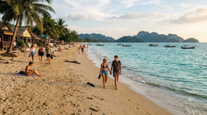 professional beach travel photograph of Pantai Cenang in Langkawi, Malaysia during late afternoon, wide sandy tropical beach with calm turquoise Andaman Sea, lush palm trees and distant island scenery,