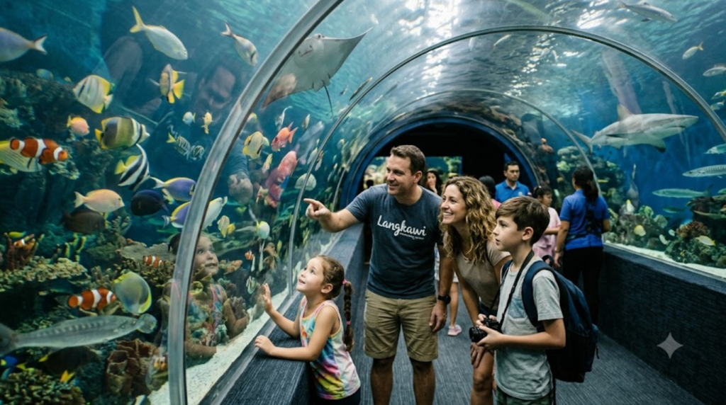 professional family travel photograph inside Underwater World Langkawi, Malaysia,