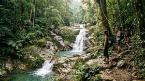 realistic professional nature travel photograph of Telaga Tujuh Waterfalls in Langkawi, Malaysia,
