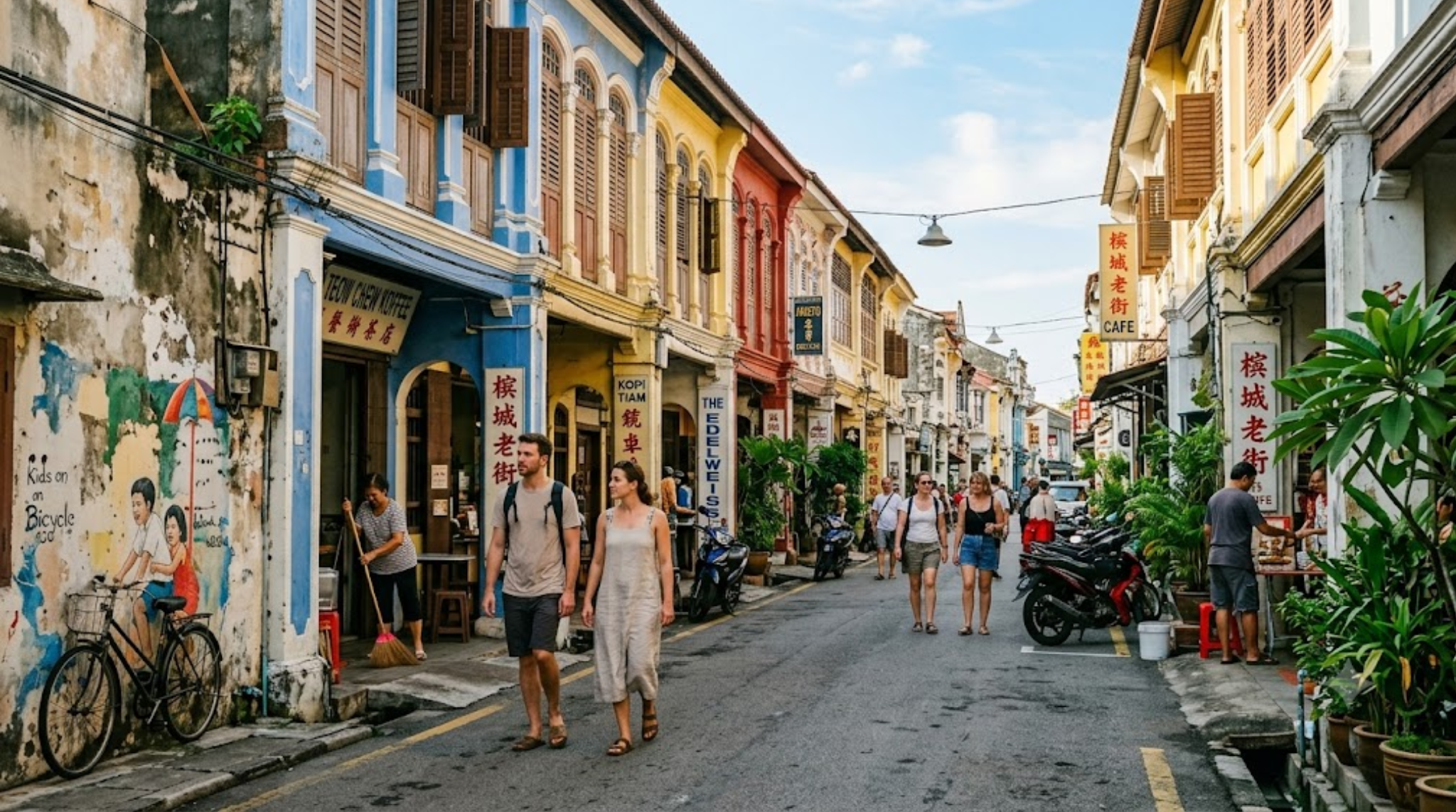 premium travel photograph of George Town, Penang, Malaysia during early morning, authentic UNESCO heritage street lined with colourful historic shophouses,