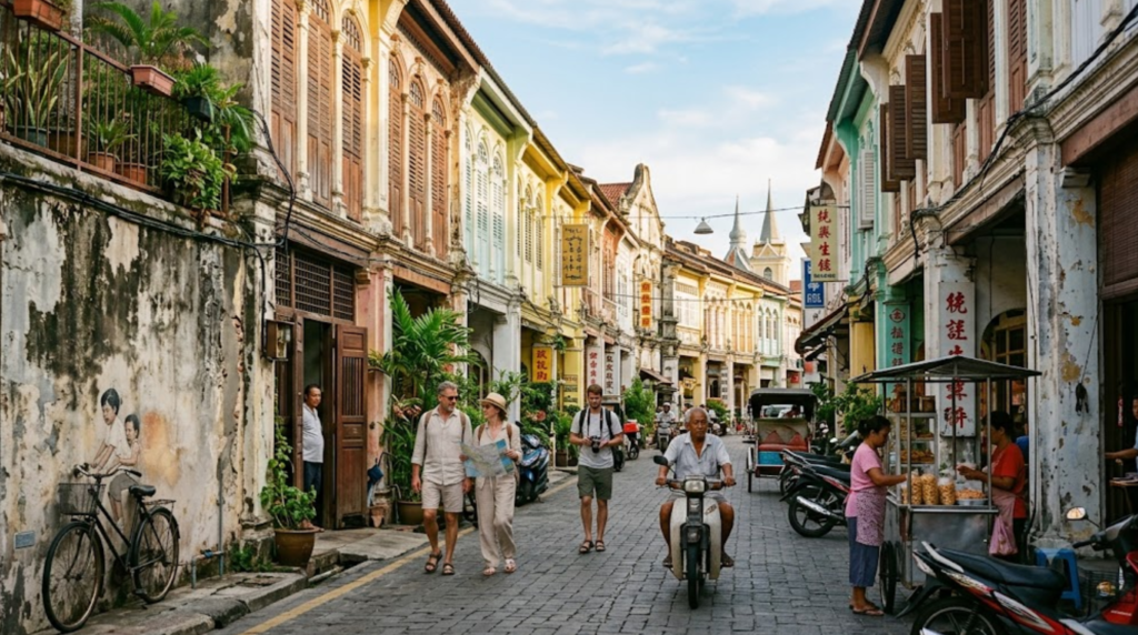 professional heritage travel photograph of George Town, Penang, Malaysia, authentic UNESCO heritage street with colourful traditional shophouses,
