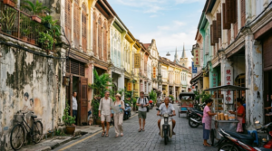 professional heritage travel photograph of George Town, Penang, Malaysia, authentic UNESCO heritage street with colourful traditional shophouses,