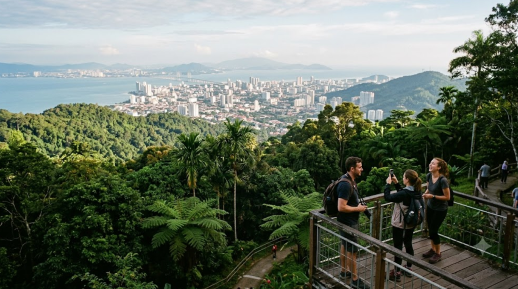 nature travel photograph of Penang Hill, Penang, Malaysia, elevated viewpoint overlooking George Town and the surrounding coastline