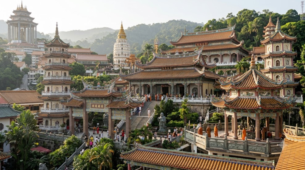 professional cultural travel photograph of Kek Lok Si Temple in Penang, Malaysia, magnificent Buddhist temple complex built into a green hillside,
