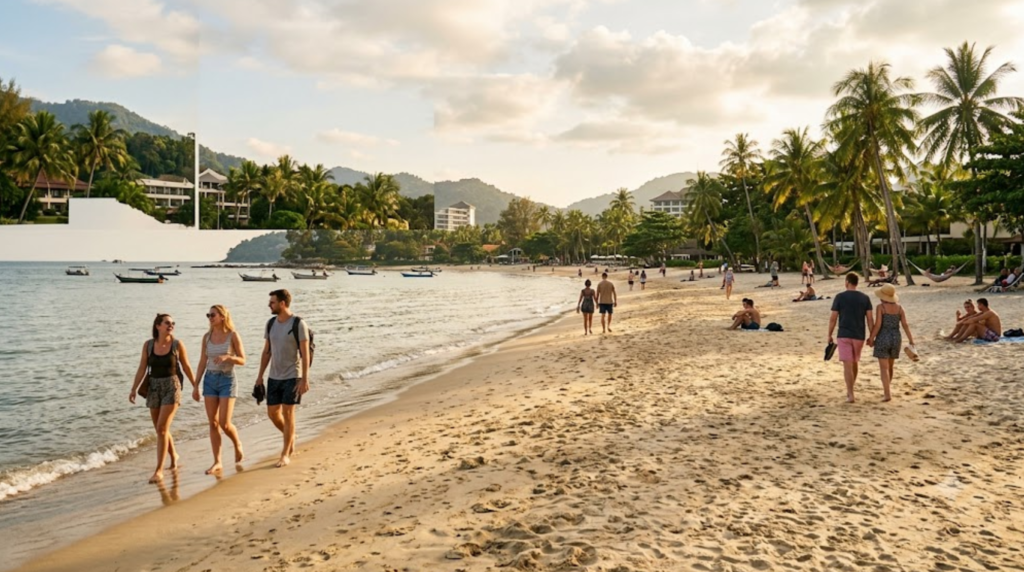 beach travel photograph of Batu Ferringhi Beach in Penang, Malaysia during late afternoon, wide sandy tropical shoreline with calm sea,