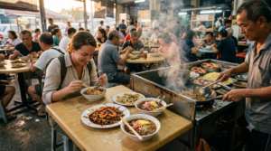 professional culinary documentary photograph in Penang, Malaysia, real adult international traveller
