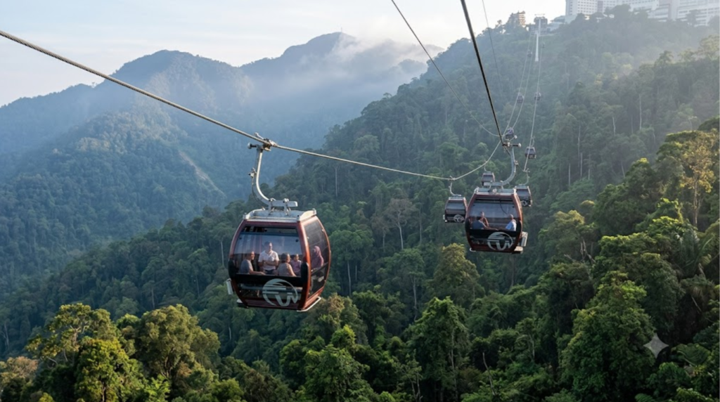 professional travel photograph of Awana SkyWay cable cars travelling above the lush rainforest of Genting Highlands, Malaysia, misty mountain landscape,