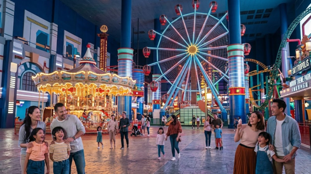 Skytropolis Indoor Theme Park at Resorts World Genting, Malaysia, modern indoor amusement park with large rides and Ferris wheel