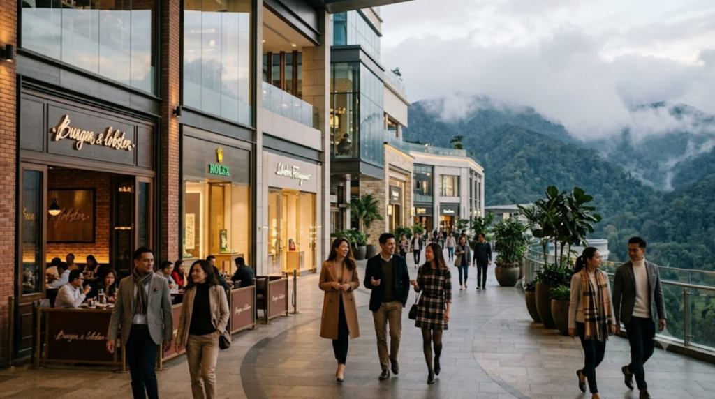 premium travel photograph of SkyAvenue in Genting Highlands, Malaysia, sophisticated modern shopping and entertainment complex surrounded by misty mountains,