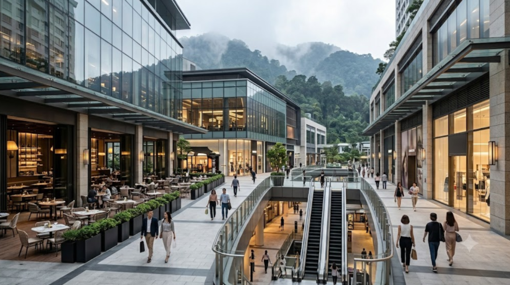 premium travel photograph of SkyAvenue in Genting Highlands, Malaysia, sophisticated modern shopping and entertainment