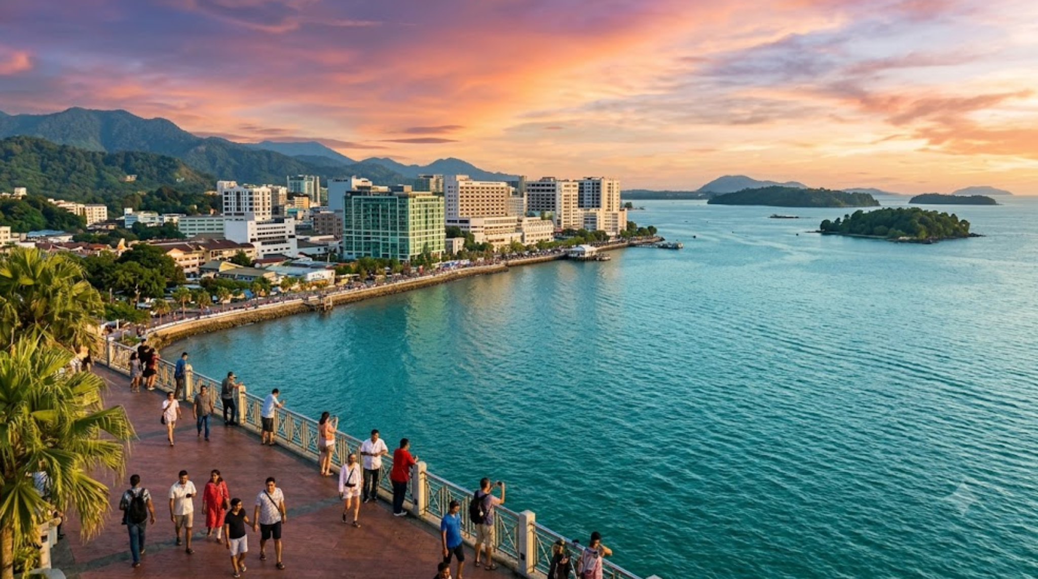 premium travel photograph of Kota Kinabalu, Sabah, Malaysia, panoramic coastal view with turquoise South China Sea