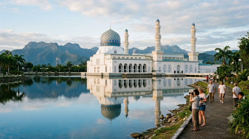 photograph of Kota Kinabalu City Mosque in Sabah, Malaysia, elegant white mosque architecture beside a calm blue lagoon,