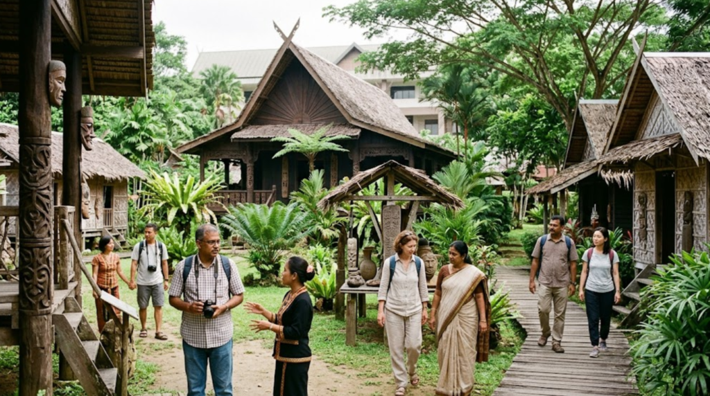 photograph of Sabah State Museum and Heritage Village in Kota Kinabalu, Malaysia, traditional Sabah architectural structures surrounded by tropical greenery,