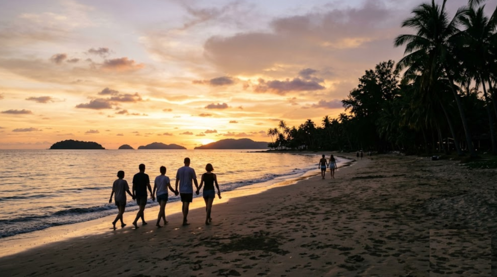Hyper-realistic cinematic travel photograph of Tanjung Aru Beach in Kota Kinabalu, Sabah, Malaysia, breathtaking tropical sunset over the South China Sea,