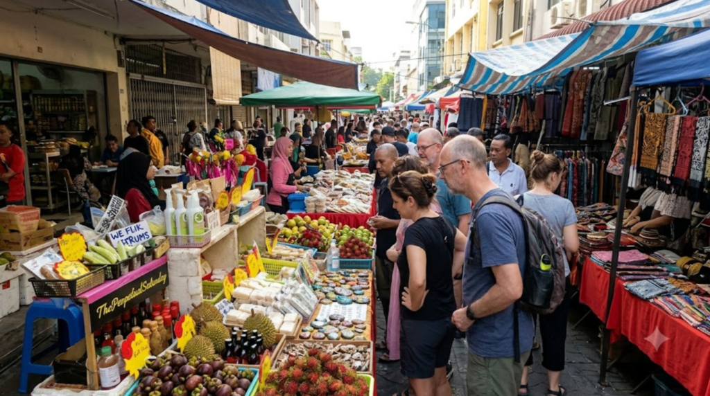 photograph of Gaya Street in Kota Kinabalu, Sabah, Malaysia, lively local Sunday market with authentic Malaysian vendors
