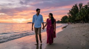 Indian couple walking barefoot along Tanjung Aru Beach during sunset, Kota Kinabalu, Sabah,
