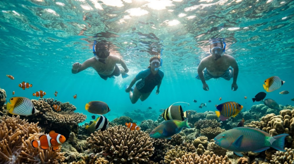 underwater travel photograph of adult Indian travellers snorkelling in the clear turquoise waters near Kota Kinabalu, Sabah, Malaysia, colourful tropical fish and coral reef, sunlight filtering naturally through the water