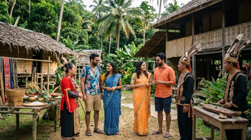 premium cultural travel photograph of adult Indian travellers exploring Sabah heritage in Kota Kinabalu, Malaysia, traditional architecture,