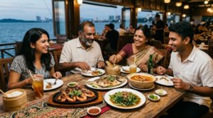 premium food travel photograph of an elegant Malaysian seafood dinner in Kota Kinabalu, Sabah, grilled fresh seafood, prawns,