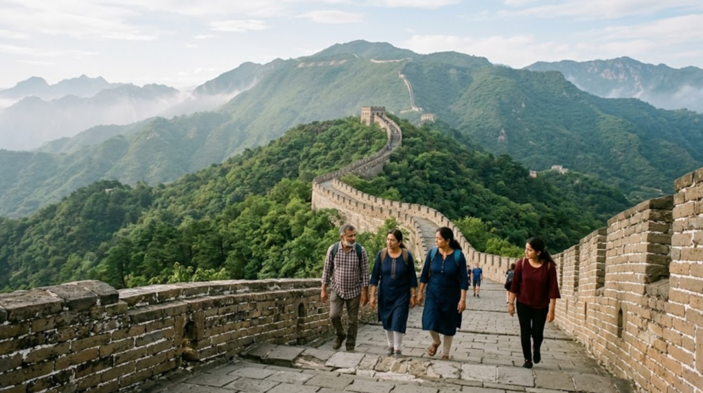 premium travel photograph of the Great Wall of China near Beijing, China, ancient stone wall winding dramatically across green mountain ridges,