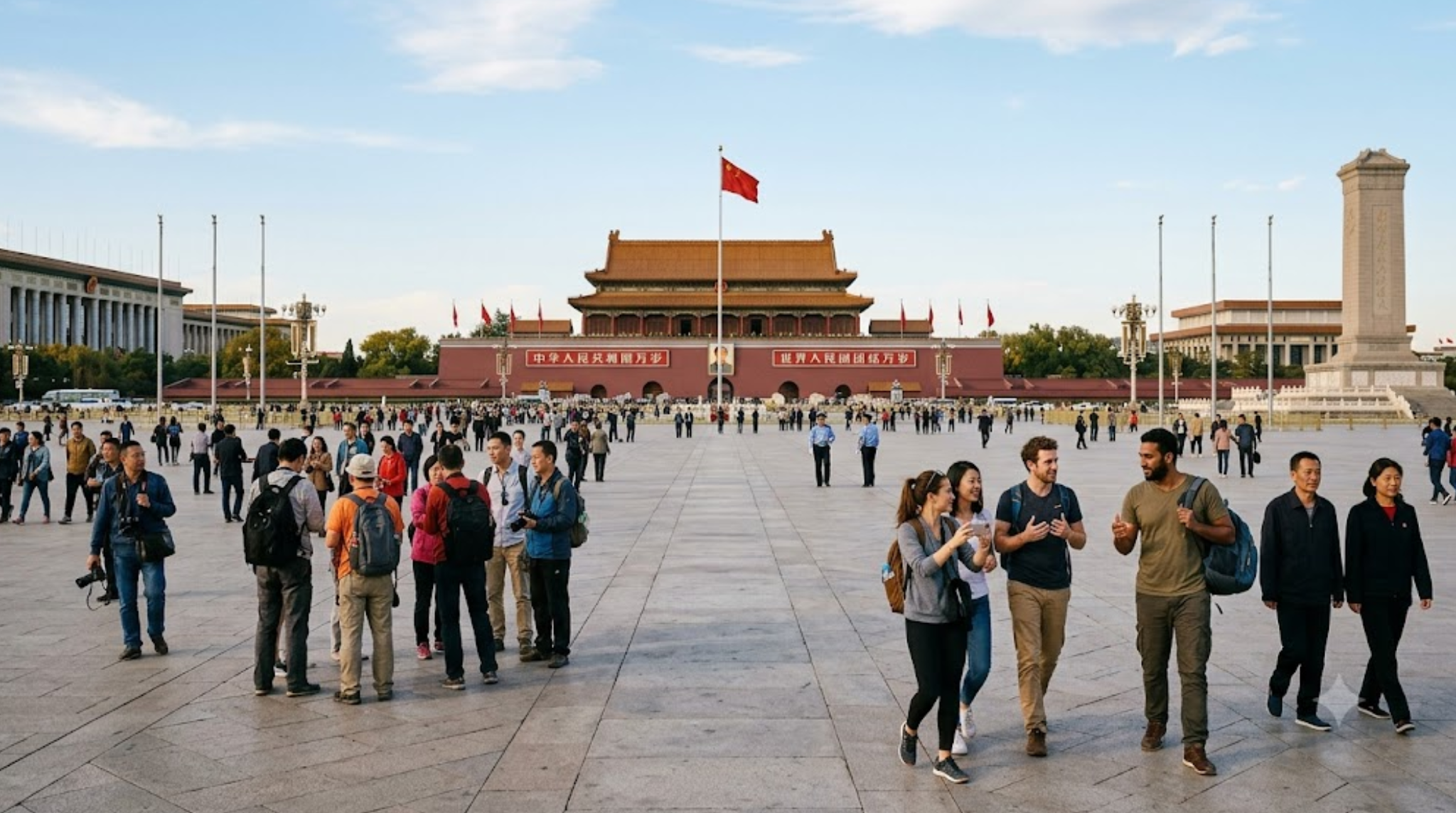travel photograph of Beijing, China, panoramic view featuring the Forbidden City with traditional Chinese architecture, ancient rooftops and modern Beijing skyline in the distant background