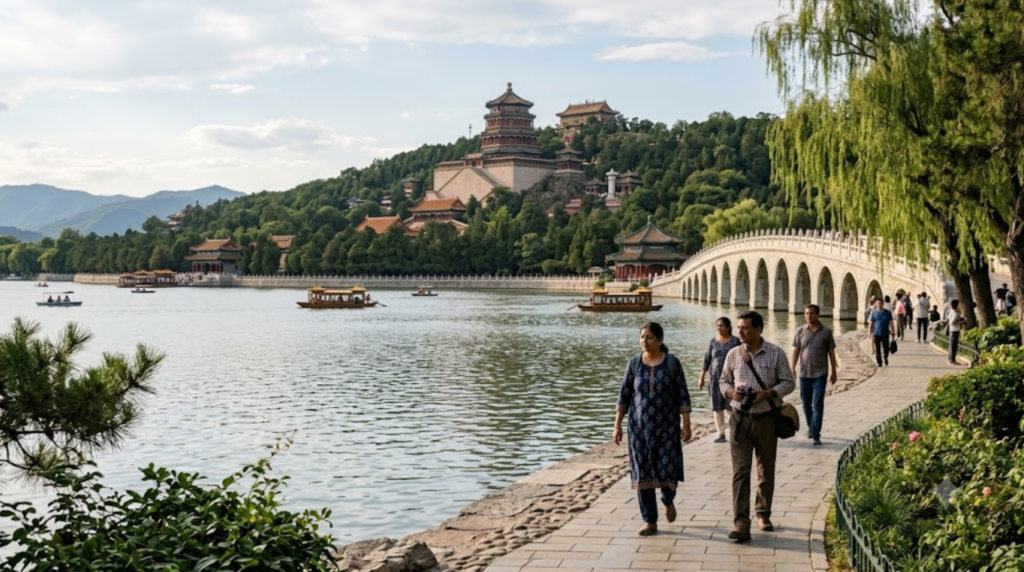 Summer Palace in Beijing, China, traditional Chinese pavilion beside a beautiful lake, lush gardens and distant hills,