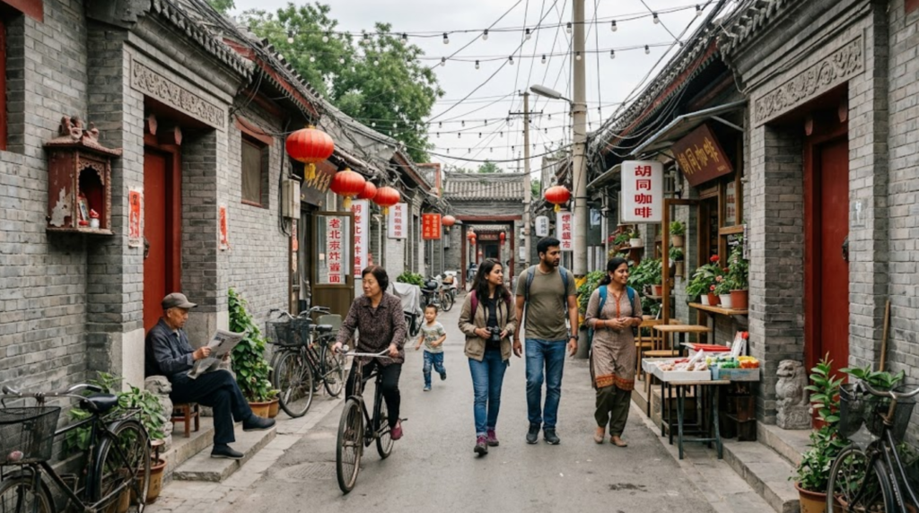 premium documentary travel photograph of a traditional Beijing hutong, China, narrow historic lane lined with traditional grey-brick courtyard houses, bicycles, small local shops and cafés,