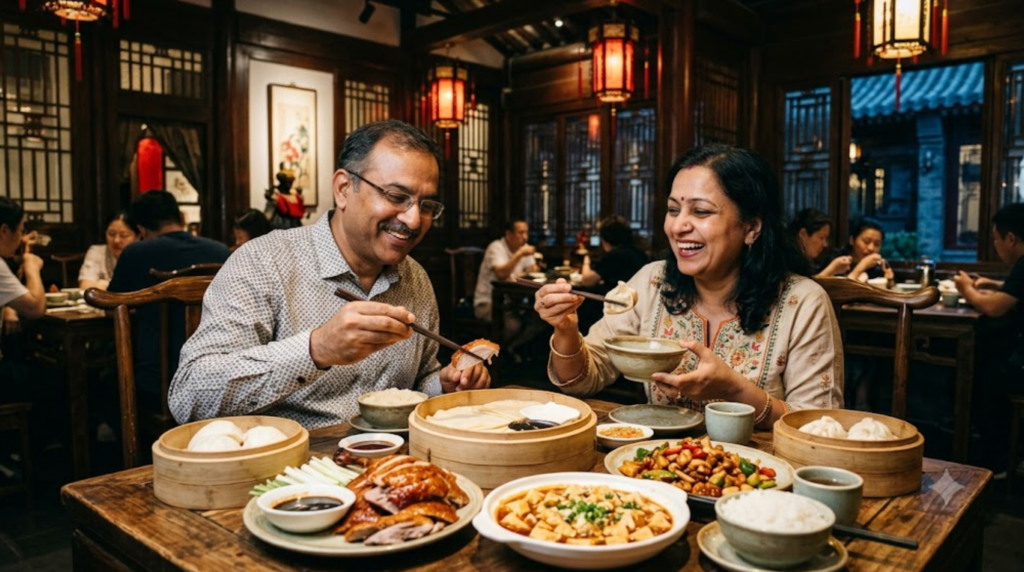 travel photograph of an Indian couple enjoying authentic Chinese cuisine in a traditional Beijing restaurant, beautifully