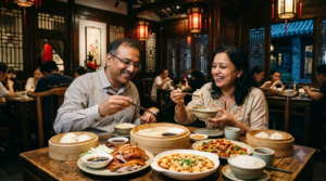 travel photograph of an Indian couple enjoying authentic Chinese cuisine in a traditional Beijing restaurant, beautifully