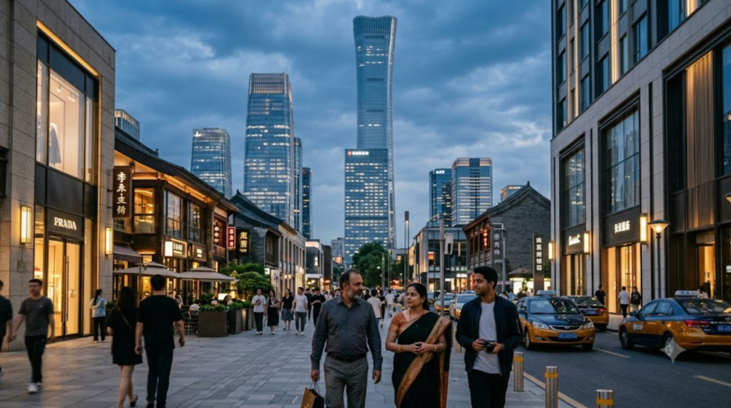 photograph of modern Beijing at evening, contemporary skyline and sophisticated shopping district,