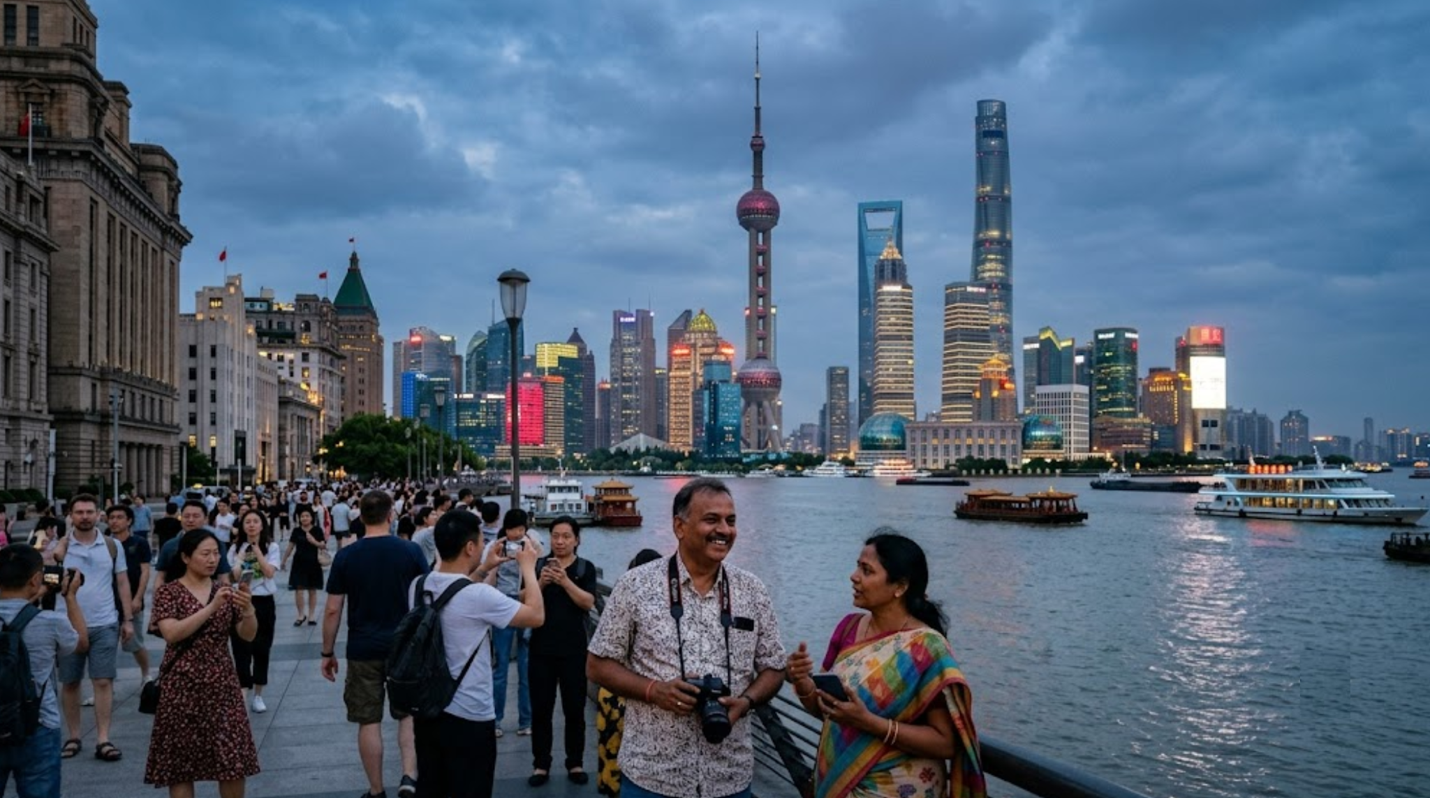 premium travel photograph of Shanghai, China, iconic skyline viewed across the Huangpu River, Shanghai Tower and Oriental Pearl Tower prominently visible,
