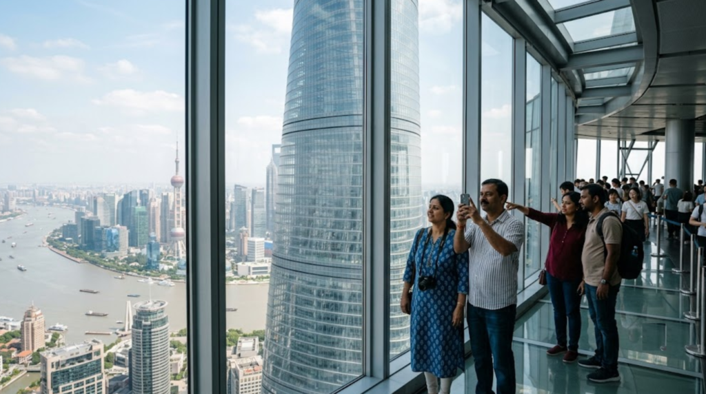 travel photograph of Shanghai Tower in Pudong, Shanghai, China, towering modern skyscraper rising above the city skyline,